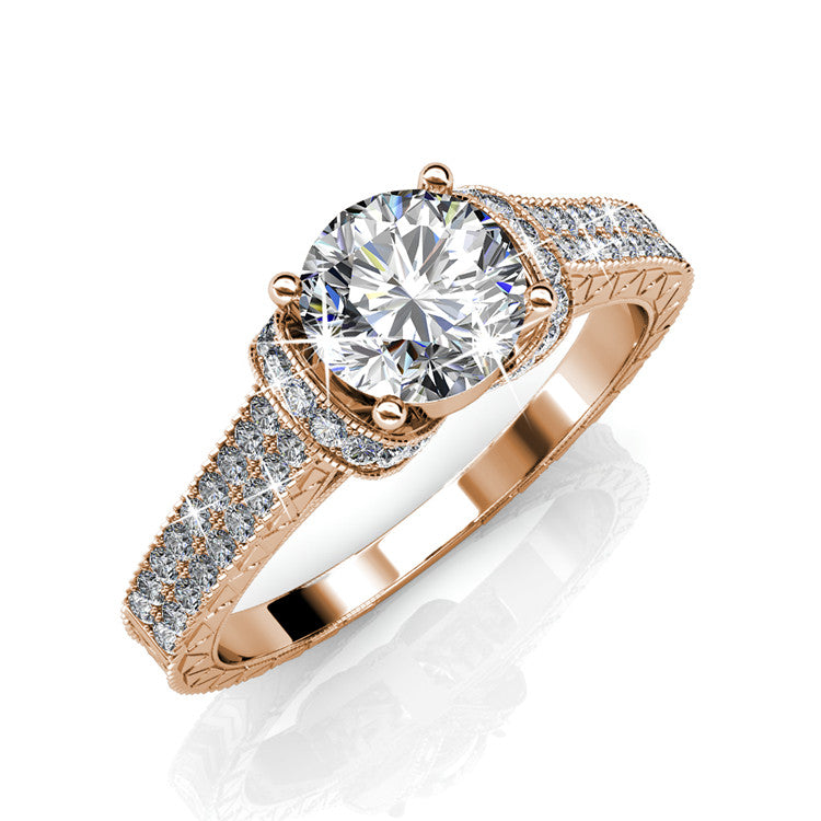18K Gold Plated Four Prong Halo Center Diamond Ring Timeless Vintage Wedding Gift For Bride / DR0178