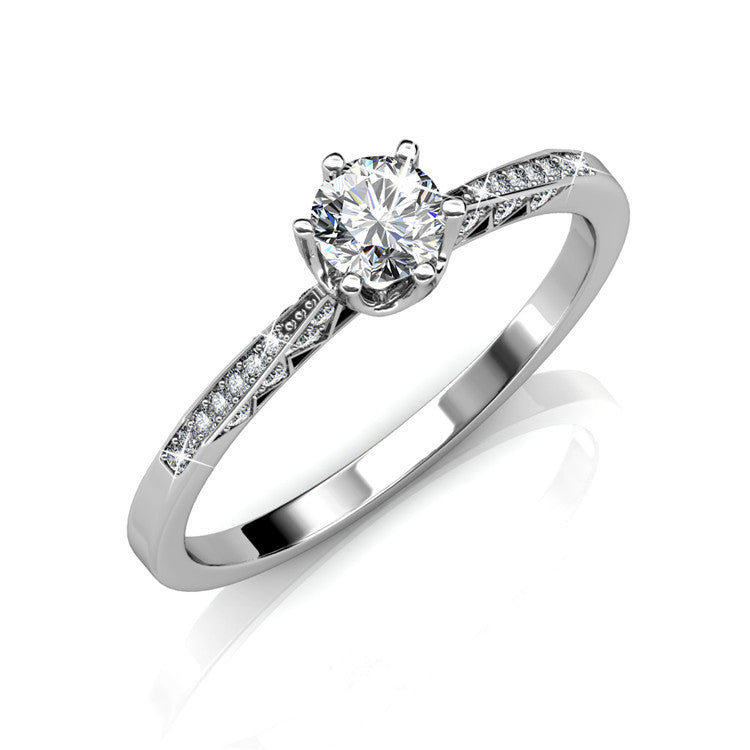 Solitaire Engagement Ring Nickel Free Silver Plated 6 Prong Thin Engraved Side Stone Band/ DR0177