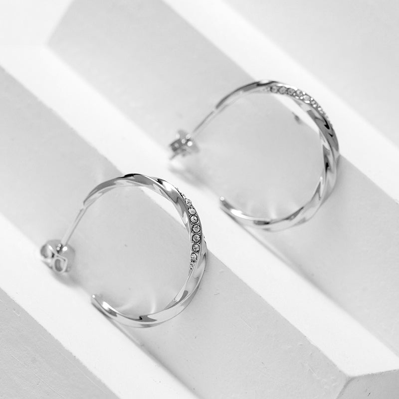 Glitter Twist Hoops 18K White Gold Plated Stackable Swarovski Crystal Pave Earrings/DE0826