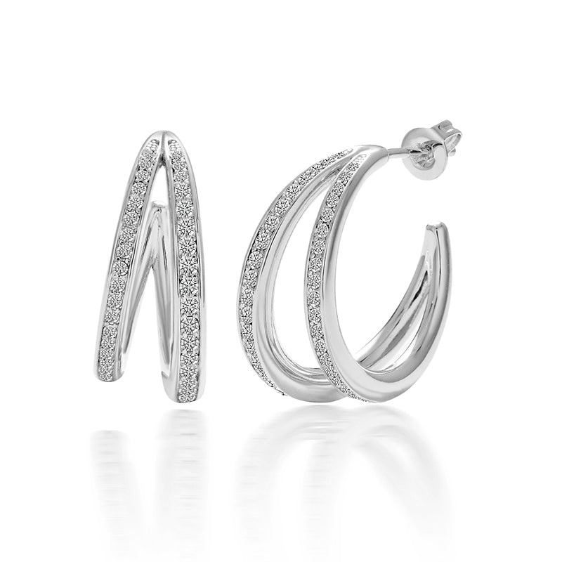 Split Pave C-Hoop Earrings 18K White Gold Plated Copper Forked Swarovski Crystal Hoops/ DE0829