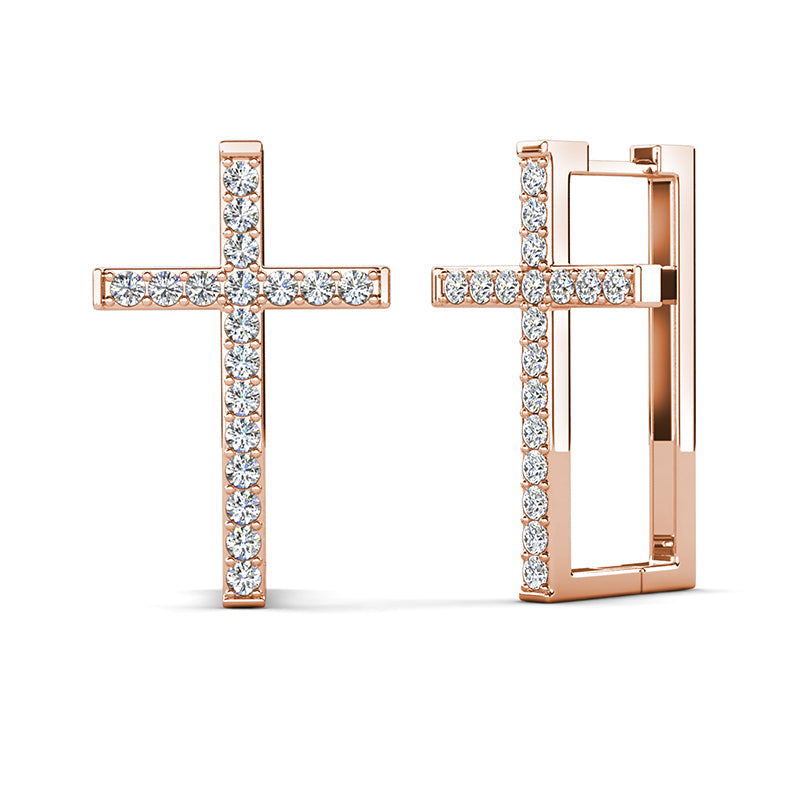 Cross Hoop Earrings 18K White Gold Plated Copper Swarovski Crystal Pave Christian Jewelry/ DE0857