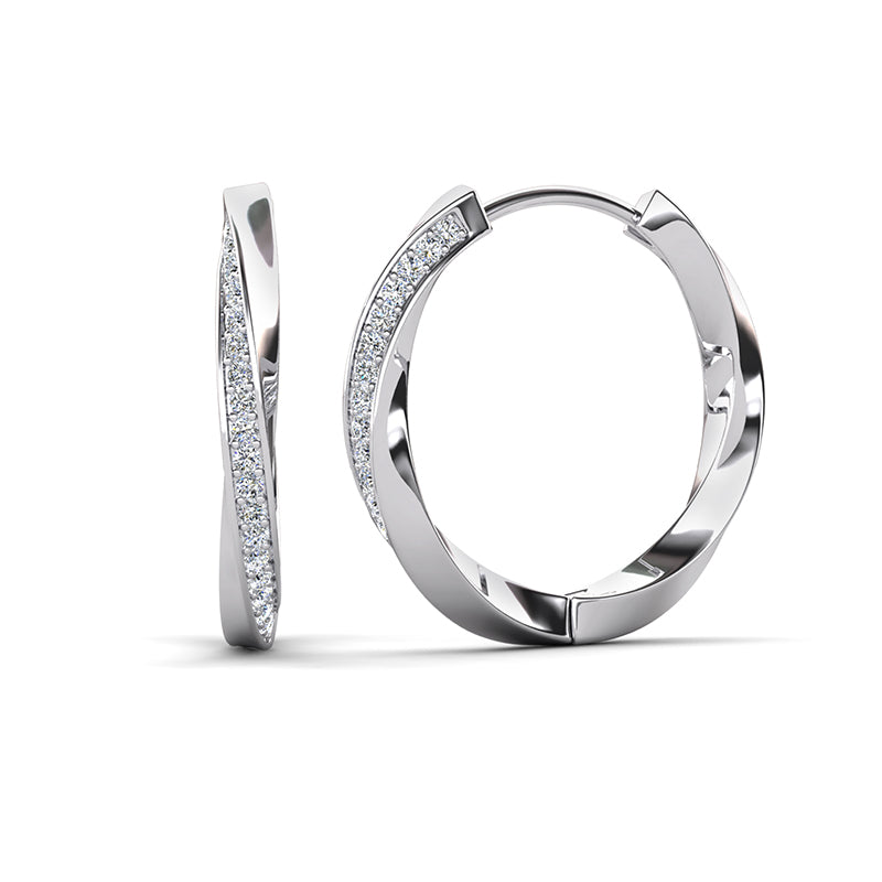 Infinity Twist Pave Hoop Earrings 18K White Gold Plated Copper Swarovski Crystal Huggies / DE0859