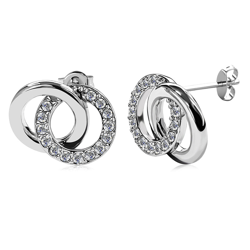 Dainty 18K White Gold Plated Silver-Tone Earrings Sparkling Crystal Interlocking Pave Studs Women's Jewelry/ DE0886