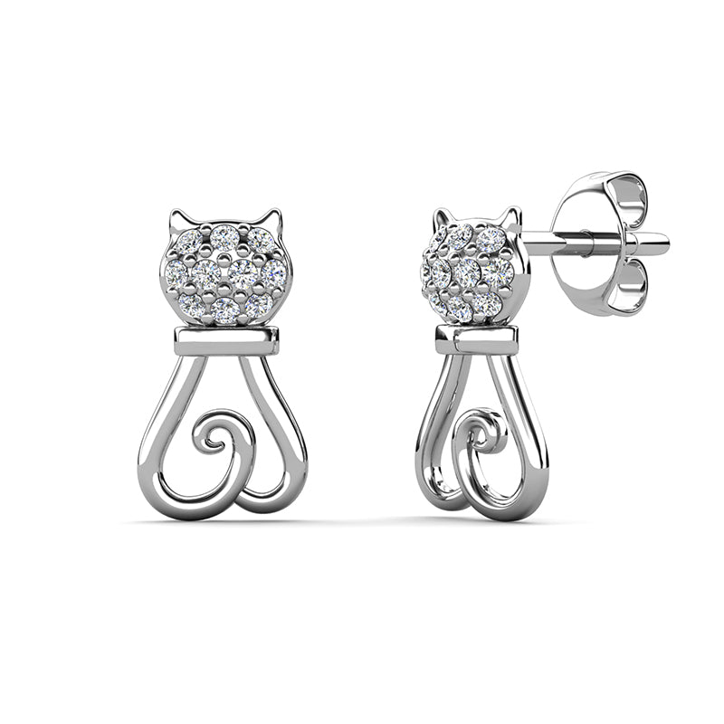 Cat Lover Earrings Gold Plated Curly Hollow Swirl Tail Full Pavé Head Ladies Sweet Classic Studs/ DE0986