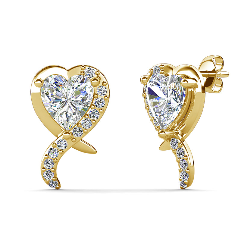 Romantic Sparkling Heart Drop Earrings with Swarovski Crystal Elongating Ribbon Stub with Solitaire/ DE0990