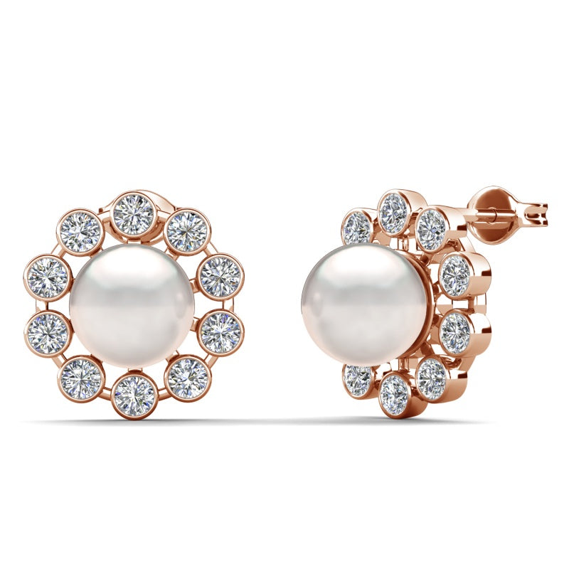 Nine Stone Circle Halo Pearl Stud Earrings Nickel Free Copper Polished Lightweight Timeless Everyday Earrings/ DE1006