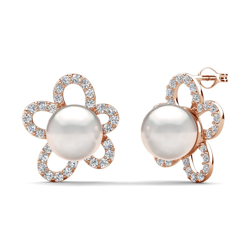 5 Petal Flower Pave Pearl Stud Earrings Dainty Blossom Wedding Daily Earrings/ DE1008