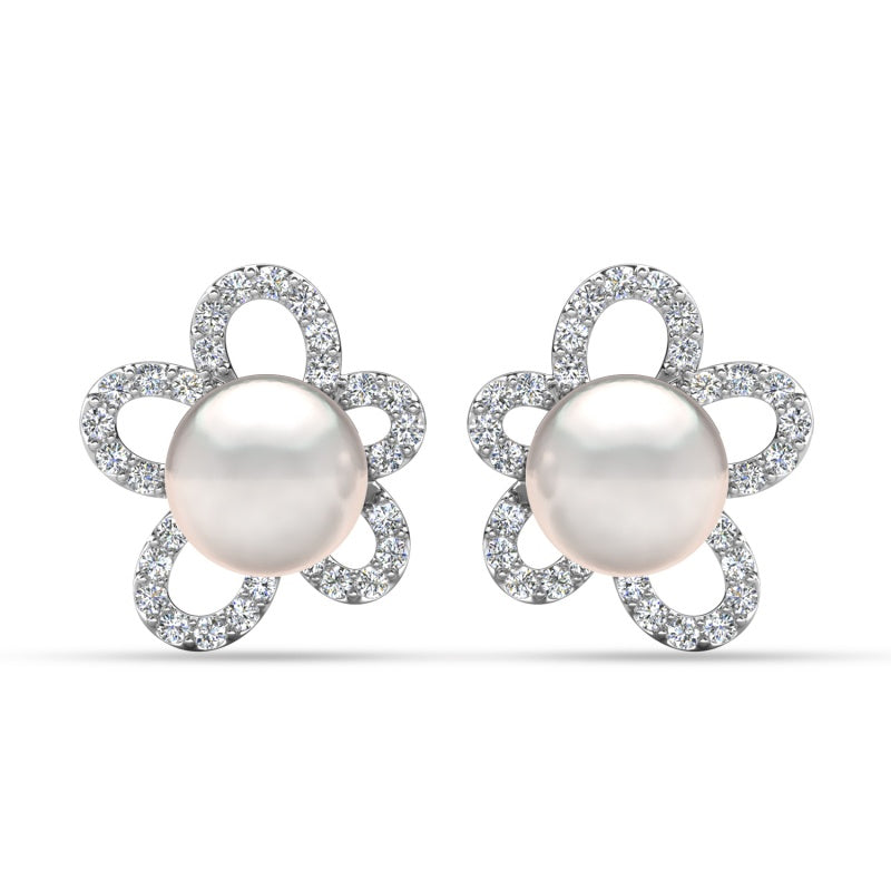 Pave Crystal Halo Flower White Pearl Stud Earrings Dainty Bridal Jewelry / DE1008