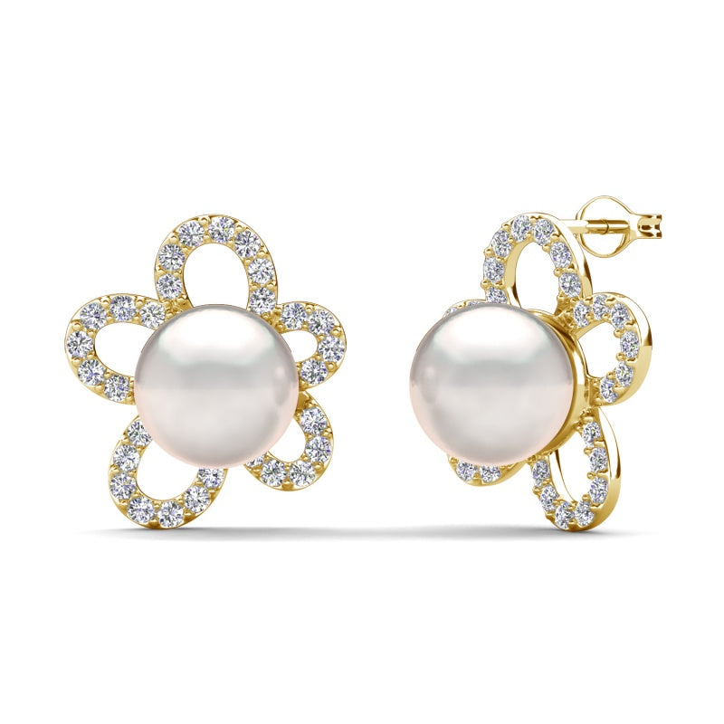 Pave Crystal Halo Flower White Pearl Stud Earrings Dainty Bridal Jewelry / DE1008