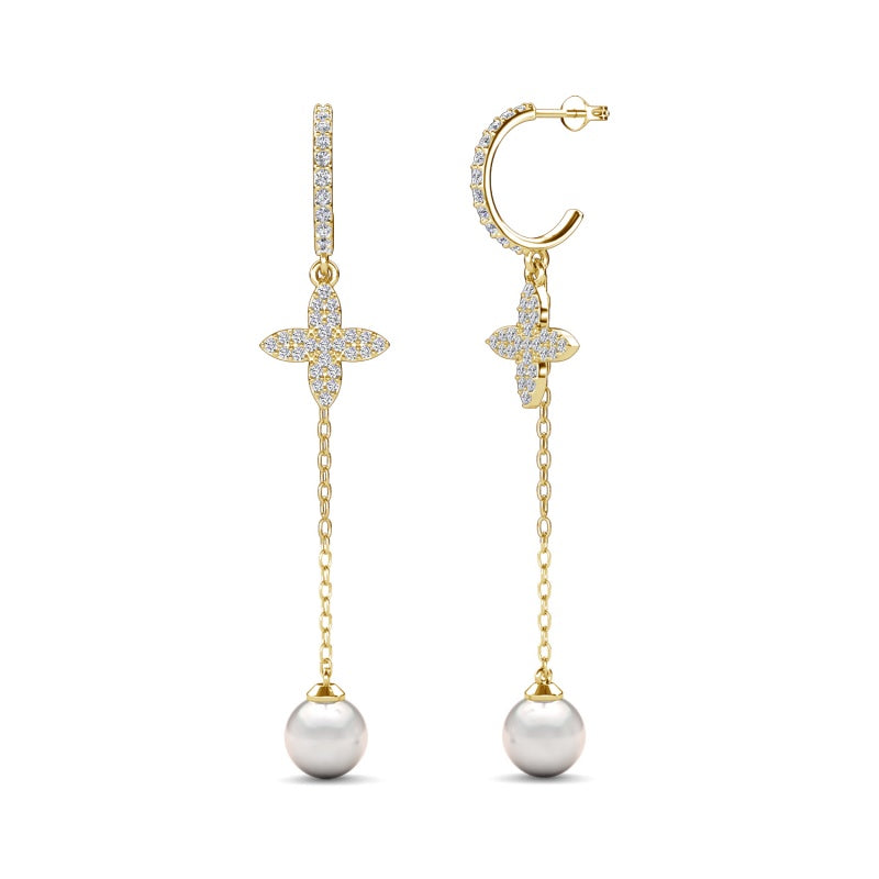 Sparkling Star & Pearl Drop Earrings,18K Gold Plated Long Dangle Jewelry / DE1011