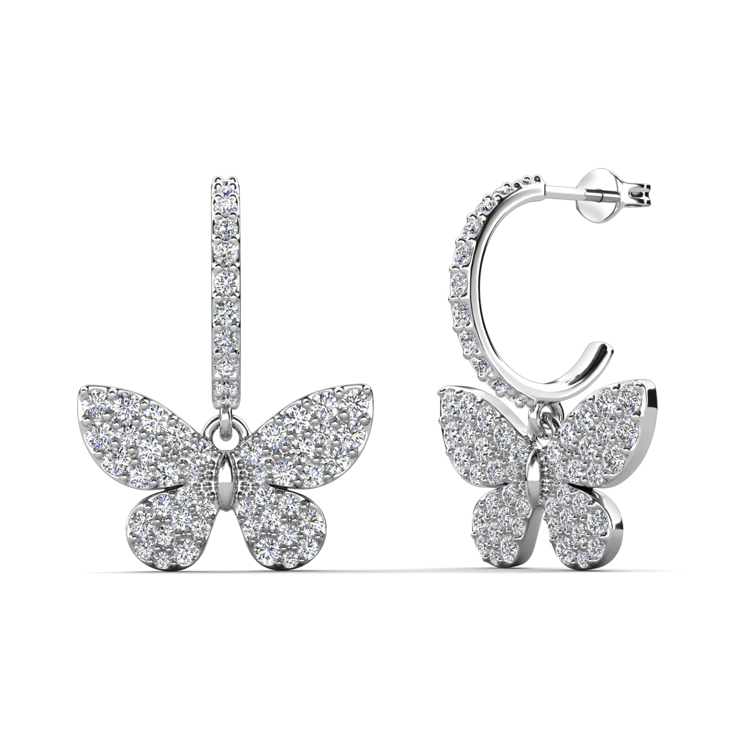 18K White Gold Plated Swarovski Crystal Butterfly Drop Hoop Earrings / DE1012