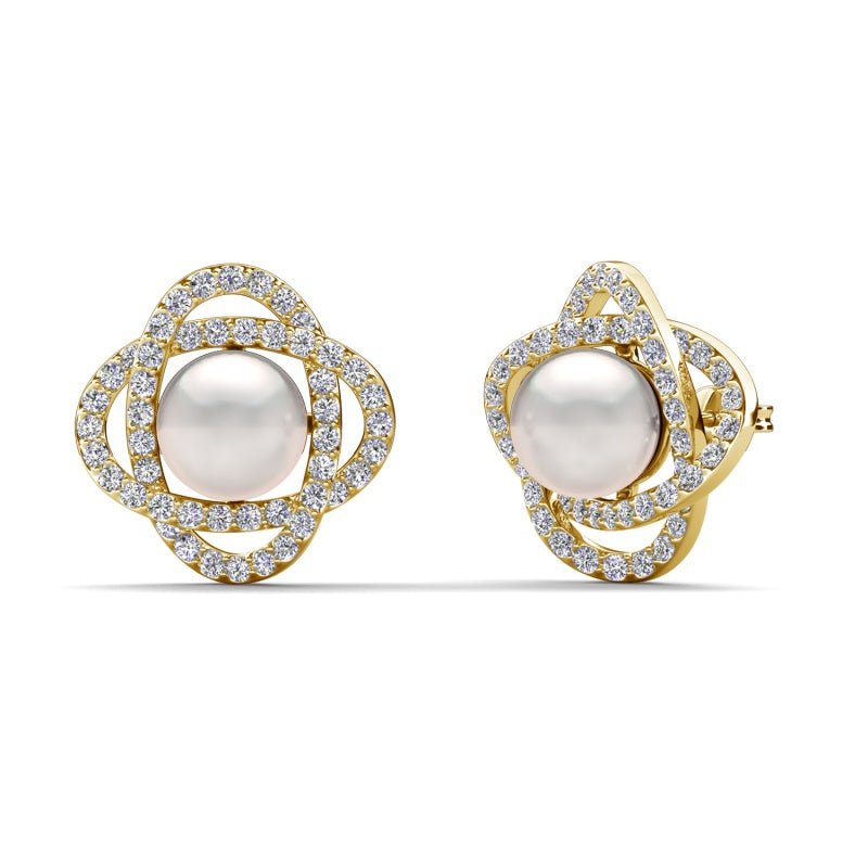 Four Leaf Clover Pave Outline Pearl Stud Earrings Gold Plated Dainty Lucky Floral Ear Studs/ DE1013