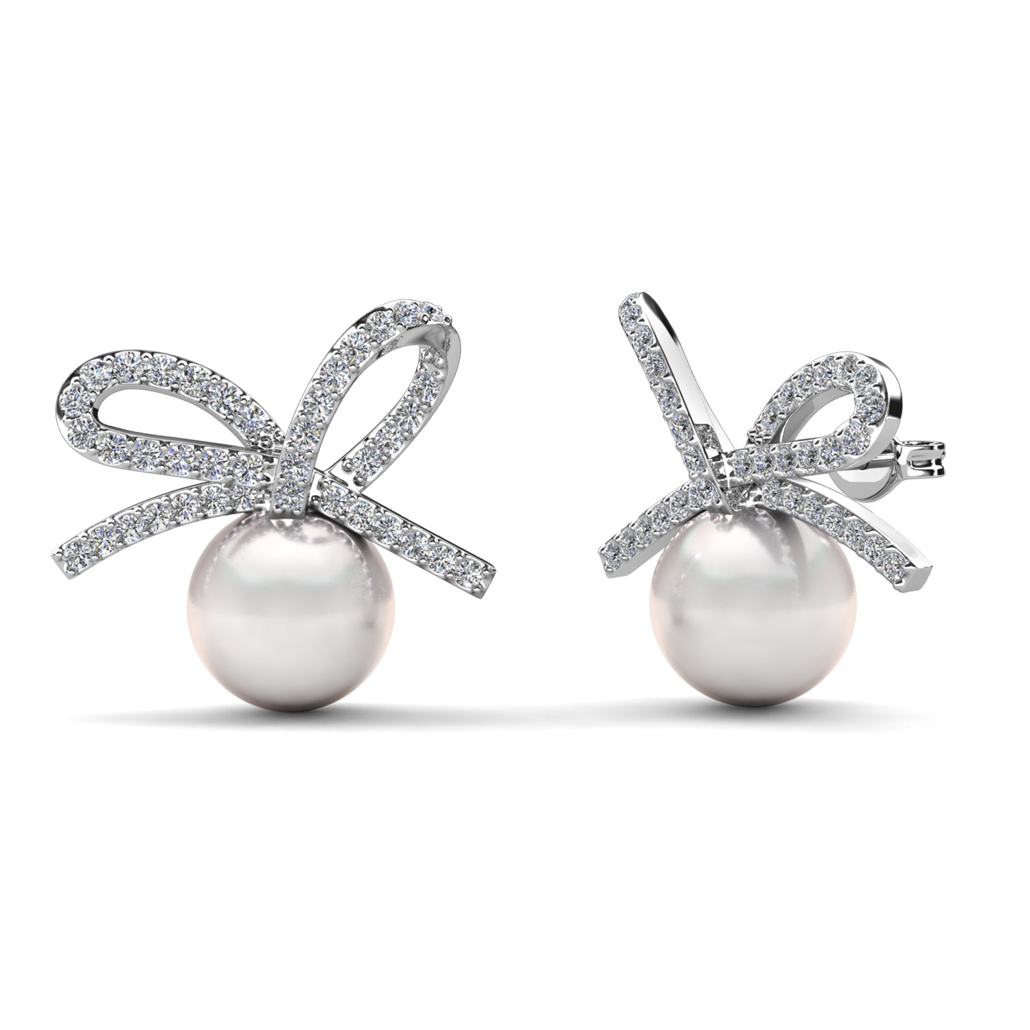 18K White Gold Plated Crystal Bow Pearl Earrings / DE1015