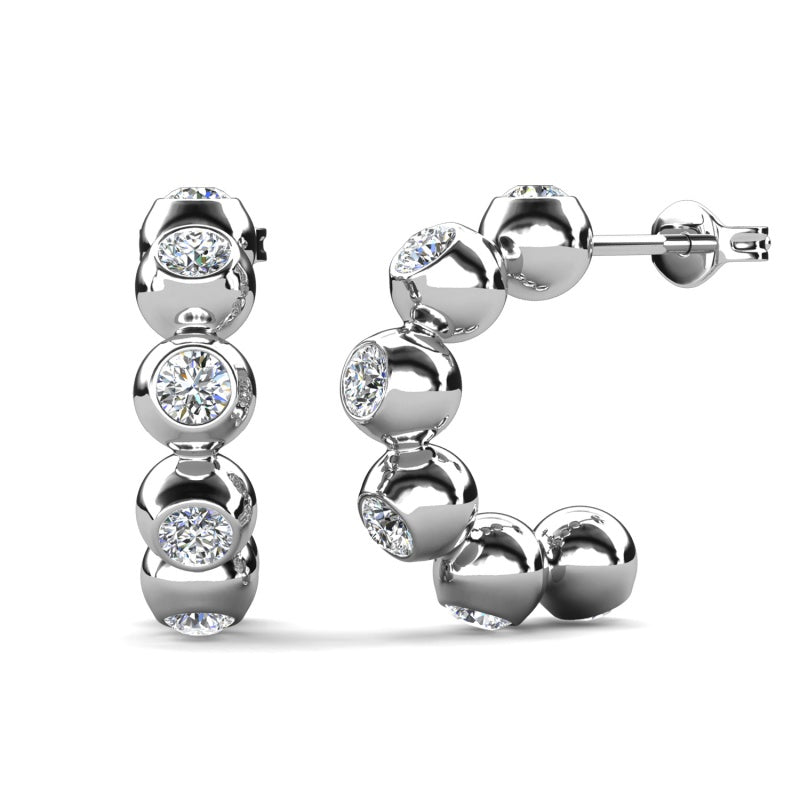 Minimalist Beaded Crystal C-Hoop Earrings ,Unique Sphere & Bezel Design ,Versatile Elegant Studs/ DE1029