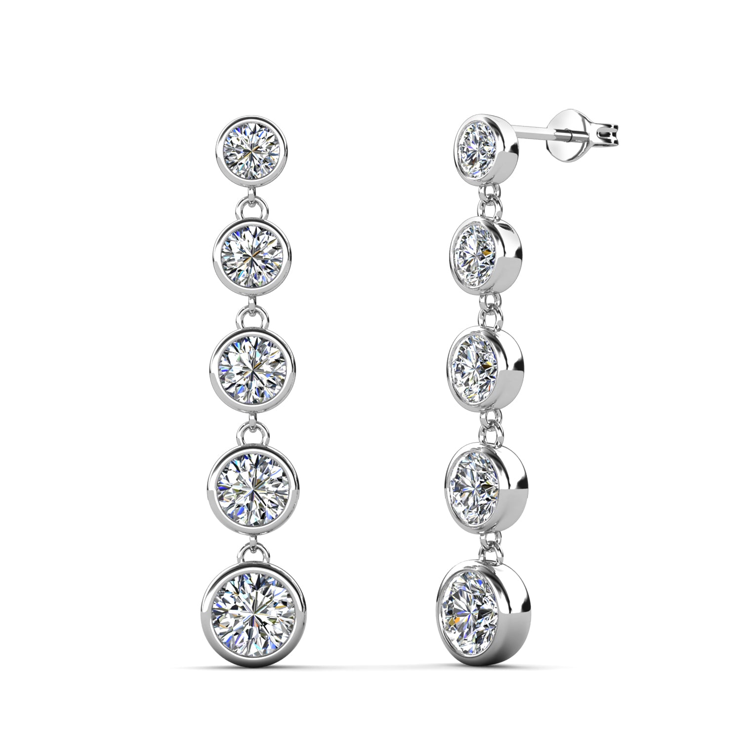 18K White Gold Plated Graduated Crystal Linear Drop Earrings / DE1035