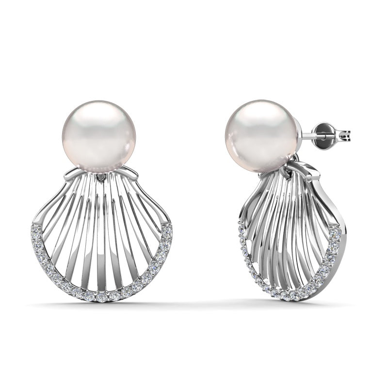 Summer Beach Pearl Scallop Earrings ,18K White Gold Plated Vacation & Resort Fashion Jewelry / DE1037