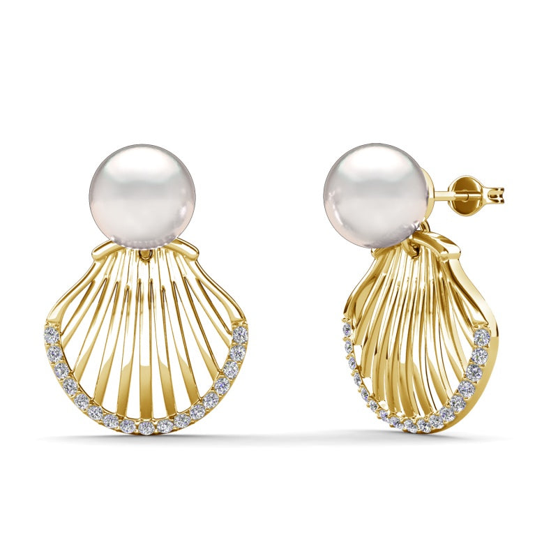 Summer Beach Pearl Scallop Earrings ,18K White Gold Plated Vacation & Resort Fashion Jewelry / DE1037