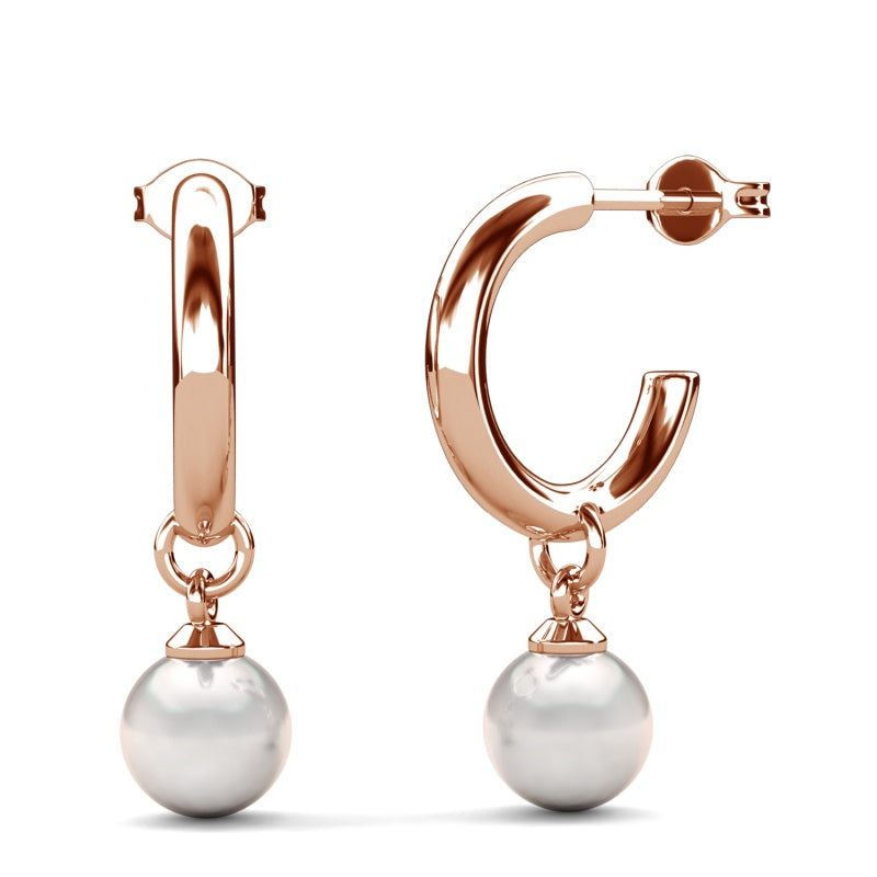 Women's Modern C-Hoop Earrings with Hanging Pearl , 18K Gold Plated Copper, Tarnish-Resistant Gift/ DE1045