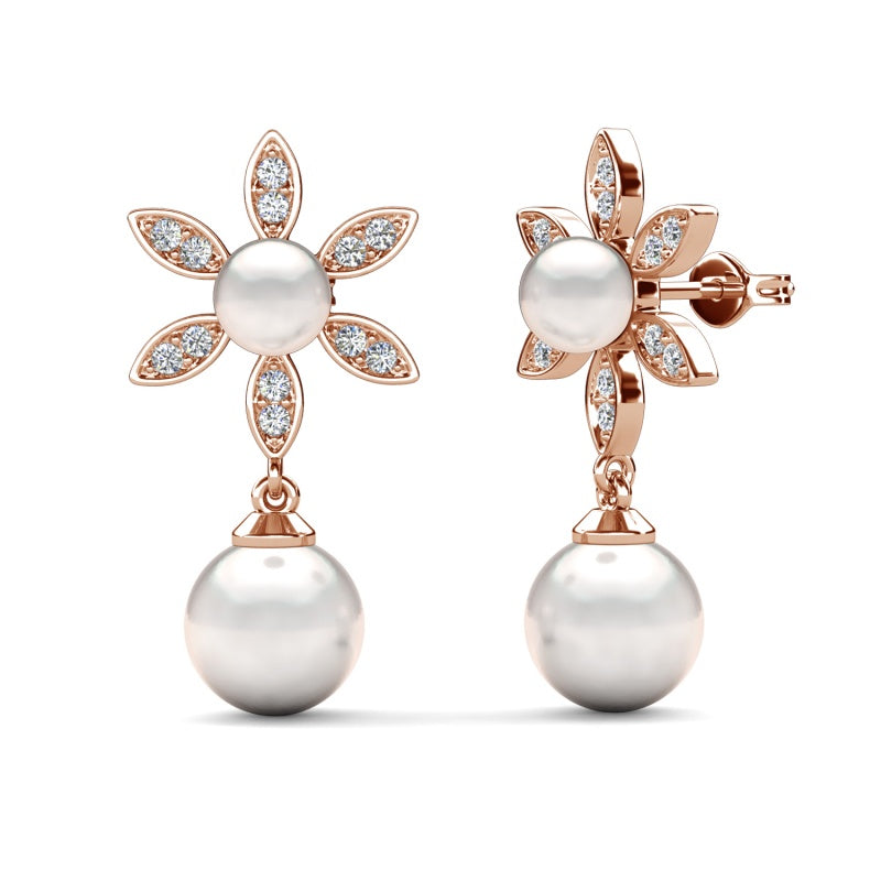 Charming Daisy Stud Earrings with Hanging Pearl | 18K White Gold Plated Stubs/ DE1046