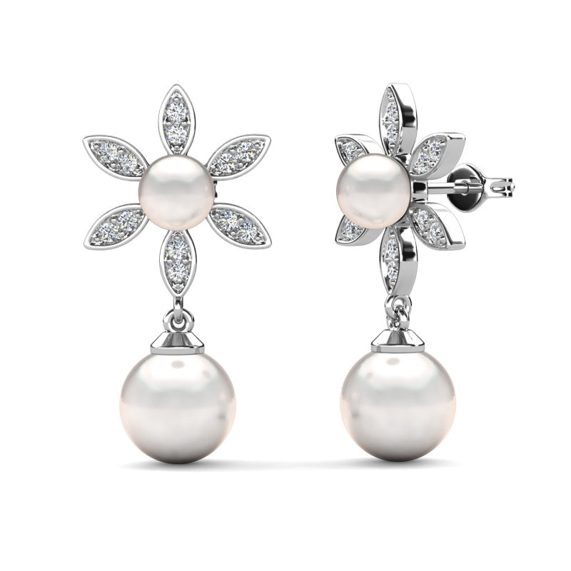 Charming Daisy Stud Earrings with Hanging Pearl | 18K White Gold Plated Stubs/ DE1046