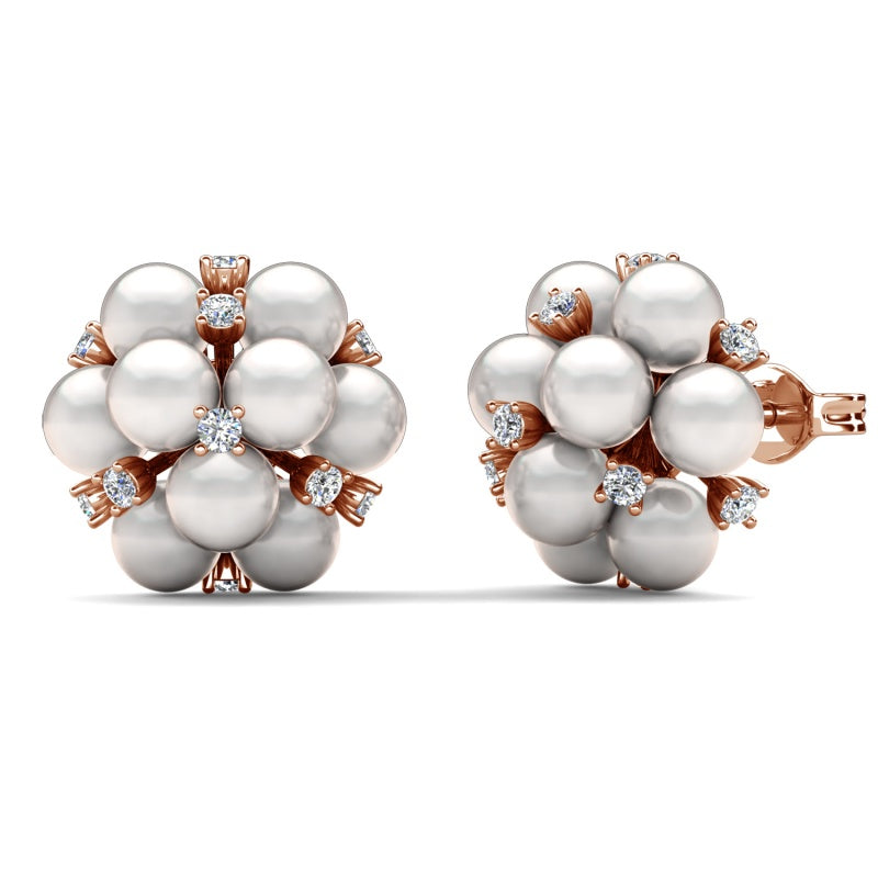 Vintage Pearl & Crystal Cluster Stud Earrings | 18K White Gold Plated Copper Bridal Jewelry/ DE1047