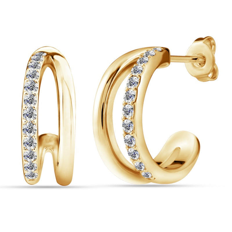Double Band C-Hoop Earrings with Swarovski Crystal Edge,18K White Gold Plated Copper Stunning Jewelry/ DE1052