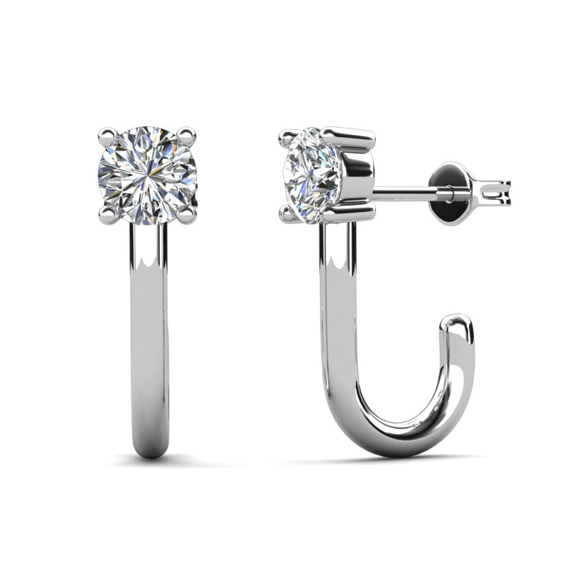 Classic Crystal Stud with Modern J-Hoop Drop , 18K White Gold Plated, Nickel-Free & Tarnish-Proof / DE1060