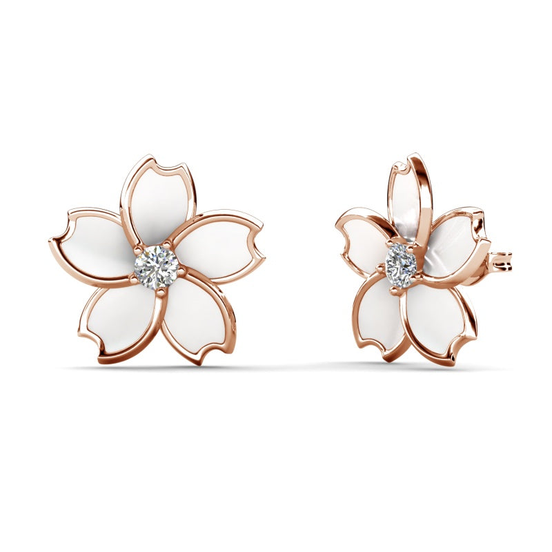 Minimalist Geometric Blossom Stud Earrings with Crystal Center , 18K White Gold Plated Everyday Jewelry / DE1065
