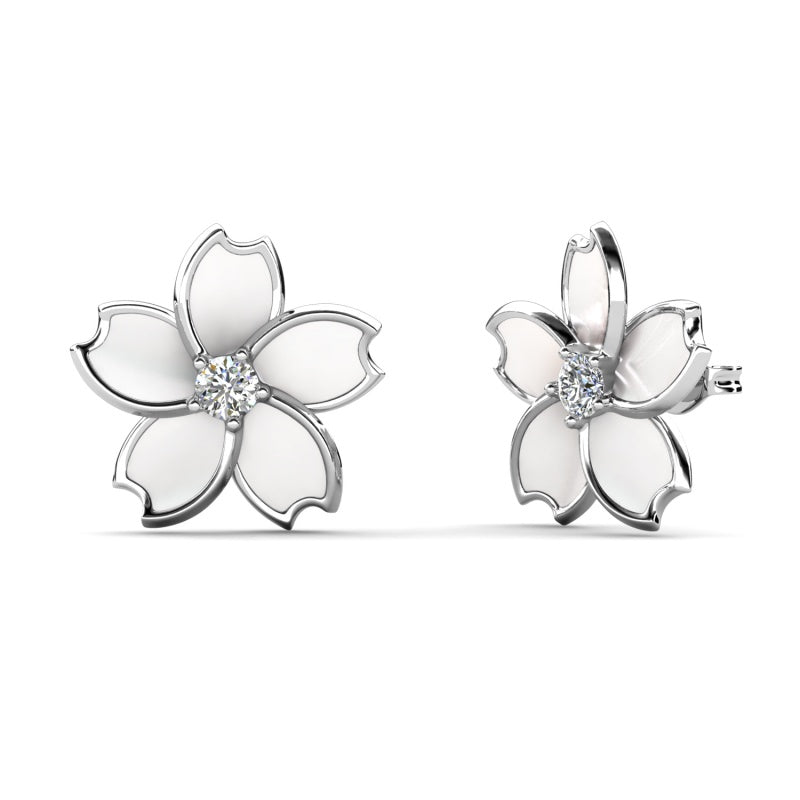 Minimalist Geometric Blossom Stud Earrings with Crystal Center , 18K White Gold Plated Everyday Jewelry / DE1065