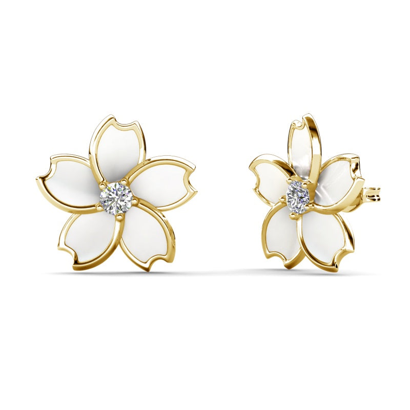 Minimalist Geometric Blossom Stud Earrings with Crystal Center , 18K White Gold Plated Everyday Jewelry / DE1065