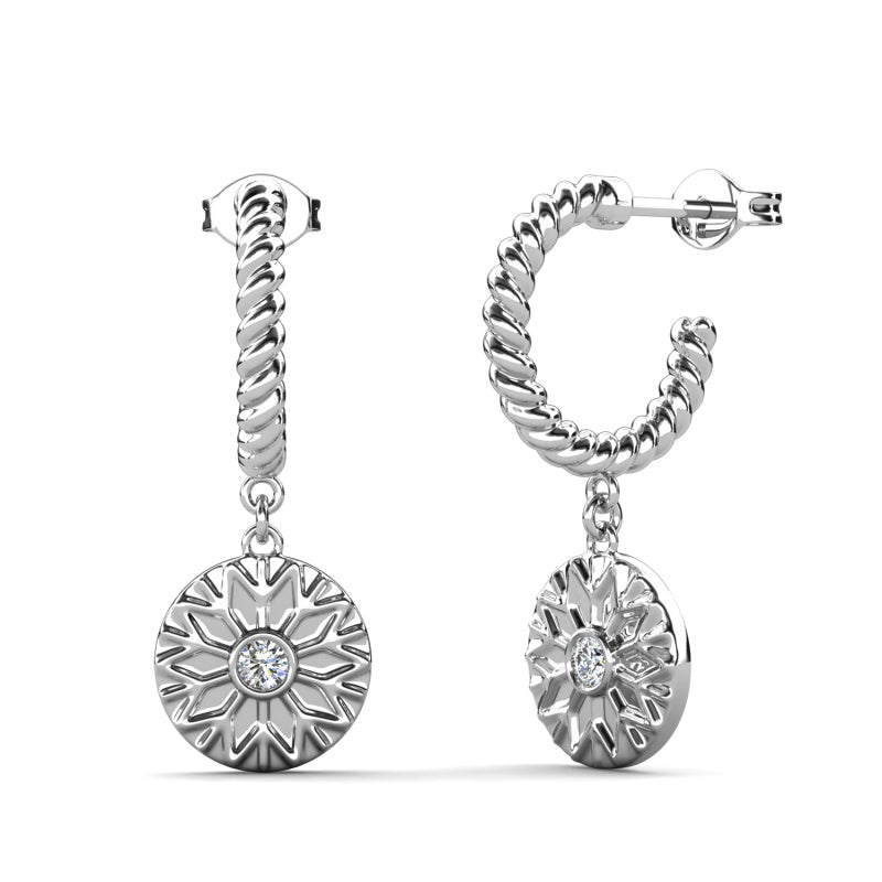 Twisted Rope Huggie Drop Earrings Embossed Snowflake Disc With Swarovski Crystal / DE1068