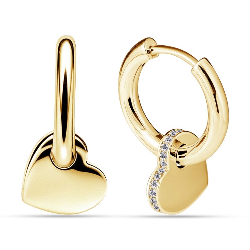 Polished Solid Heart Huggie Drop Earrings With Swarovski Crystals,18K Gold Plated For Women / DE1071