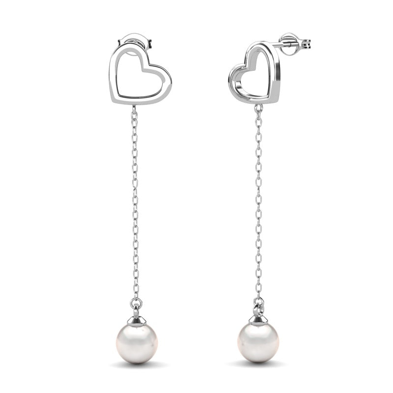 Hollow Open Heart Long Chain Earrings With Shell Pearl Drop, 18K Gold Plated For Women / DE1074