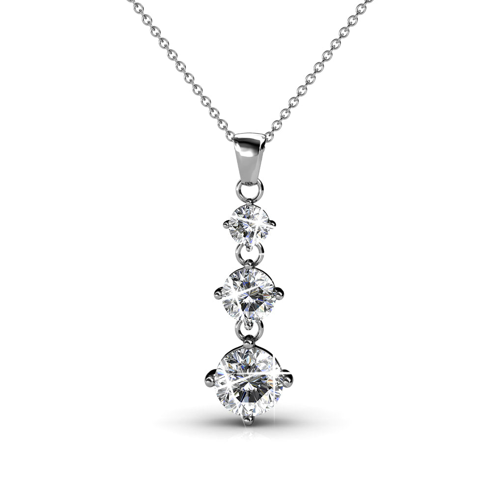 18K White Gold Plated Three-Stone Crystal Drop Pendant / DP0022