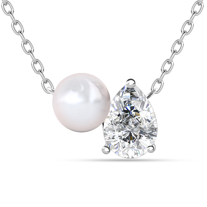 Minimalist Twin Stone Teardrop Diamond & Cream Pearl Stackable Necklace Gift For Her/DP0853