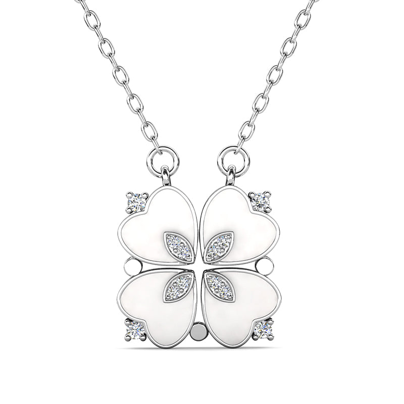 White Enamel Heart Four Leaf Clover Crystal Pendant Necklace 18K Gold Plated,Openable Four Heart MOP Bar Necklace/DP0856