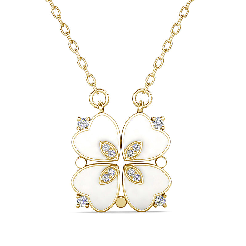 White Enamel Heart Four Leaf Clover Crystal Pendant Necklace 18K Gold Plated,Openable Four Heart MOP Bar Necklace/DP0856