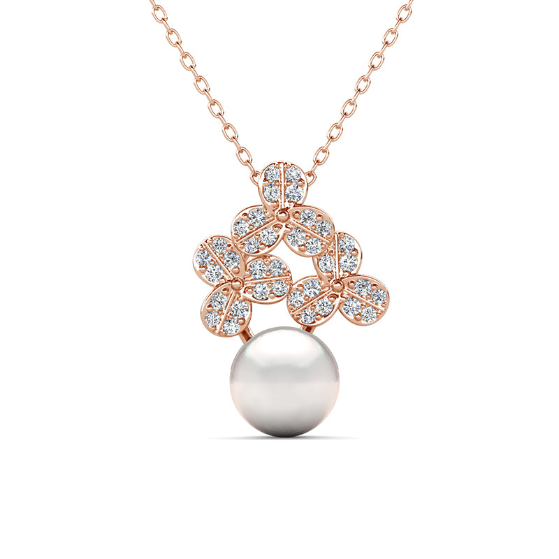 Sparkling Three-Leaf Flower Pendant with Pearl Drop,Anniversary & Birthday Gift for Women / DP0875
