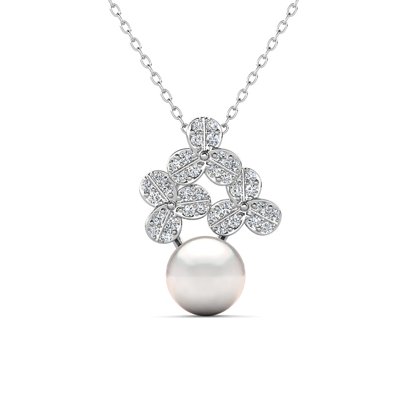 Sparkling Three-Leaf Flower Pendant with Pearl Drop,Anniversary & Birthday Gift for Women / DP0875