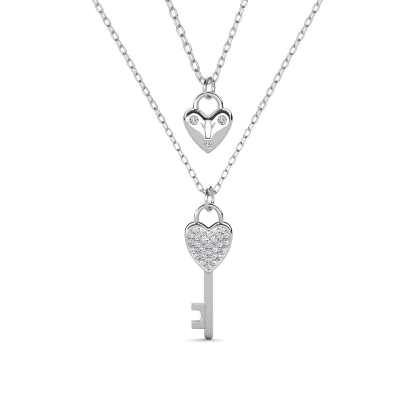 Hypoallergenic 18K White Gold Plated Crystal Heart Lock and Key Pendant Necklace/ DP0892