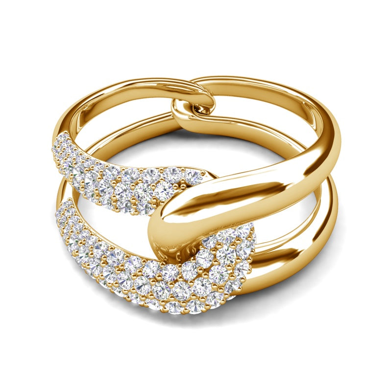 Couple Promise Ring Gold Plated Polished Interlock Two Loop Crystal Women’s Band / DR0179