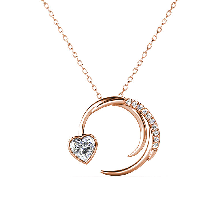 18K Gold Plated Trendy Crescent Moon & Heart Crystal Pendant Necklace / DP0777