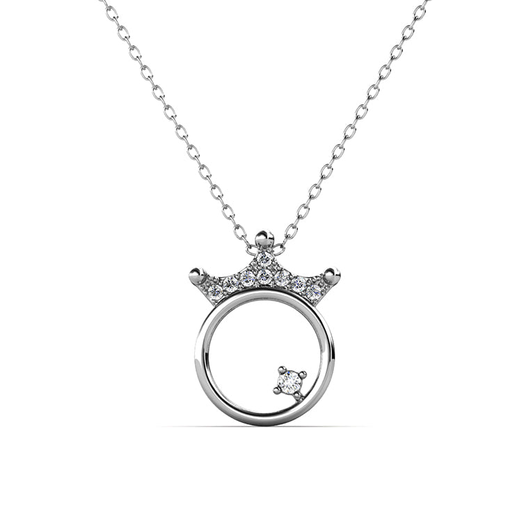 Romantic Crown & Crystal Circle Necklace Pendant Trendy Everyday Accessory / DP0778