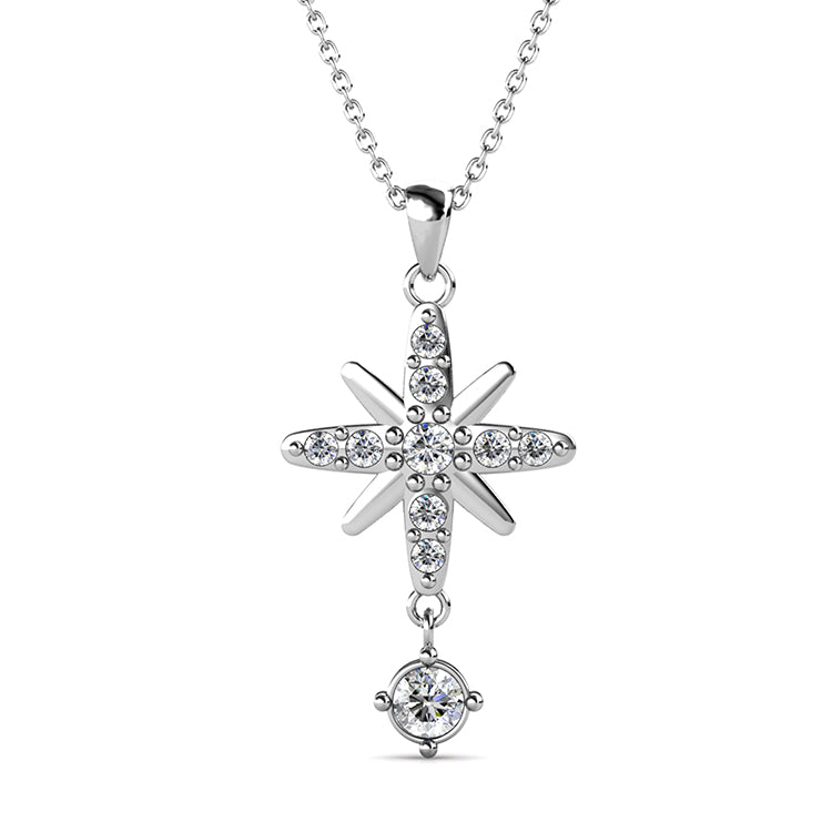 Retro Silver-Tone Starburst Pendant 18K White Gold Plated Copper Sparkling Swarovski Crystal Necklace/ DP0661