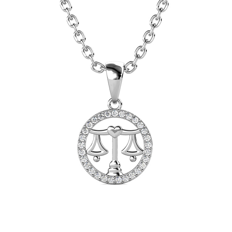 Fine 18K White Gold Libra Necklace | Swarovski Crystal Halo Pendant | Sept-Oct Birthday Gift/ DP0667