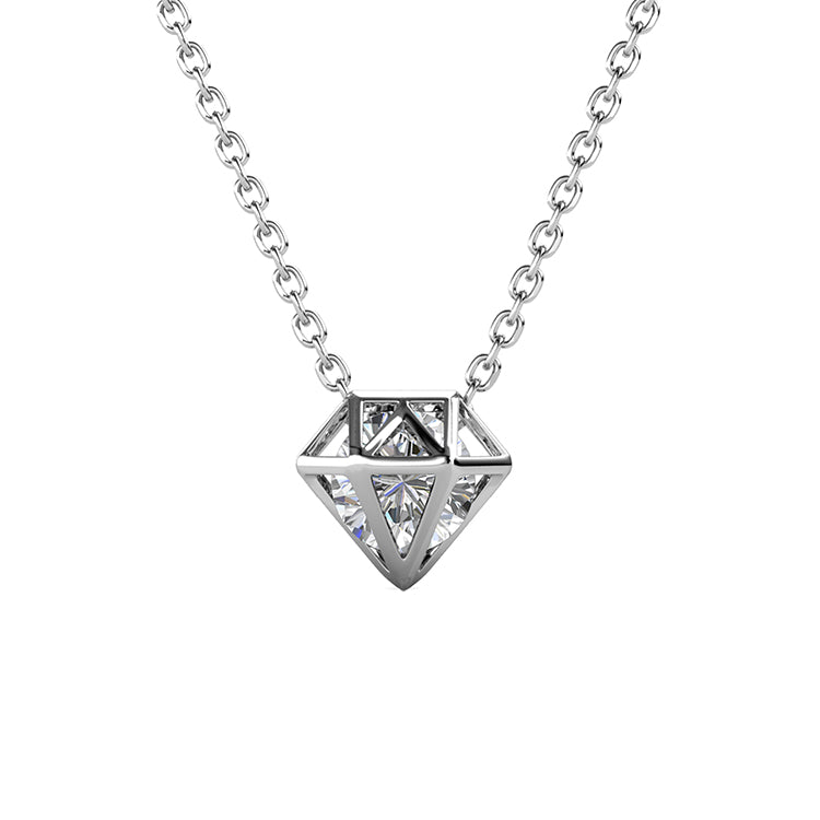 Hollow Open Cage Diamond Outline Geometric Pendant Necklace Unisex Everyday Necklace With Swarovski Crystals / DP0755