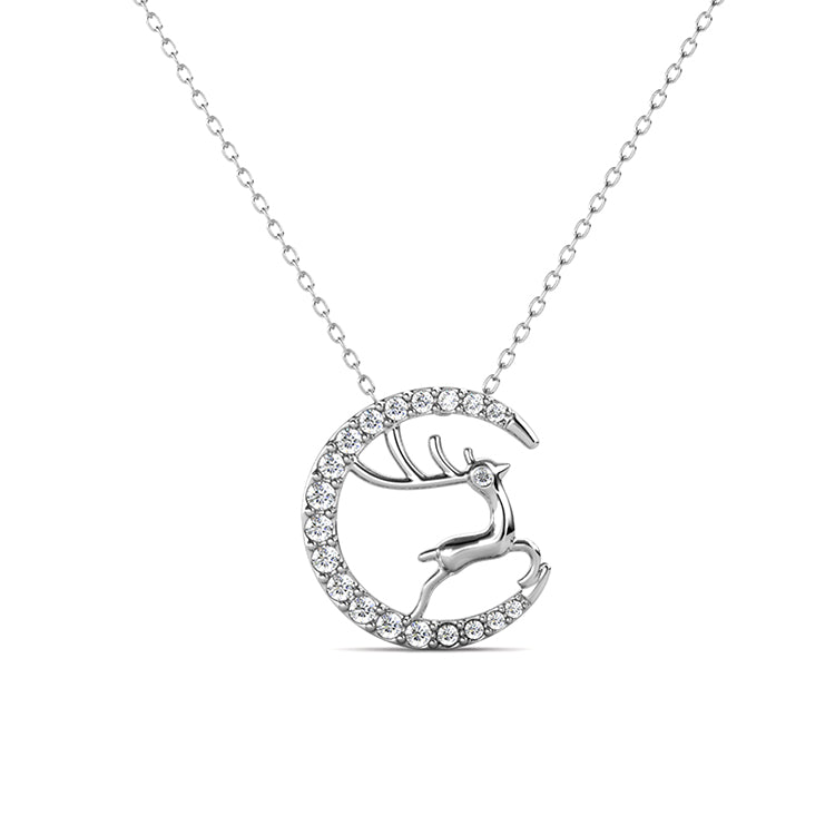 Whimsical Crescent Moon & Stag Necklace Pendant with Swarovski Crystals Dreamy Nature-Inspired Jewelry / DP0785