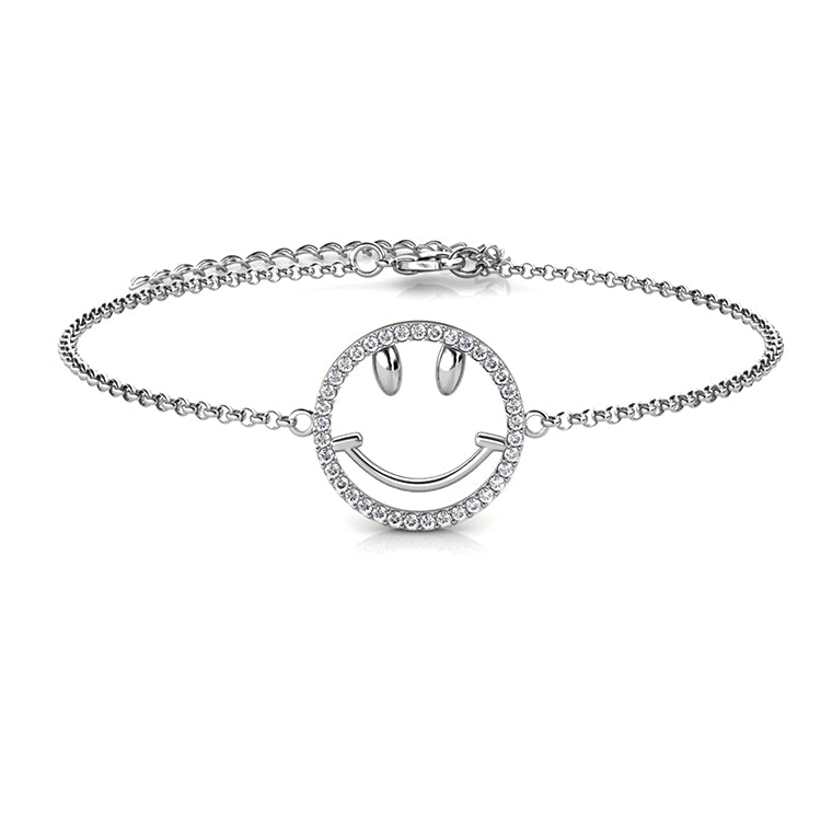 Cheerful Gift Emoji Bracelet Silver Plated Hollow Smiley Face Outline Ladies Flexible Adjustable Chain / DB0217