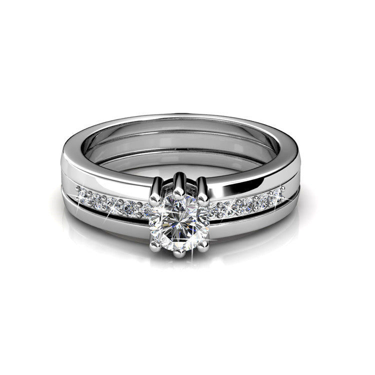 Bride Matching Wedding Set 18K Silver Plated Split Shank Six Prong Solitaire Ring Set/ DR0176