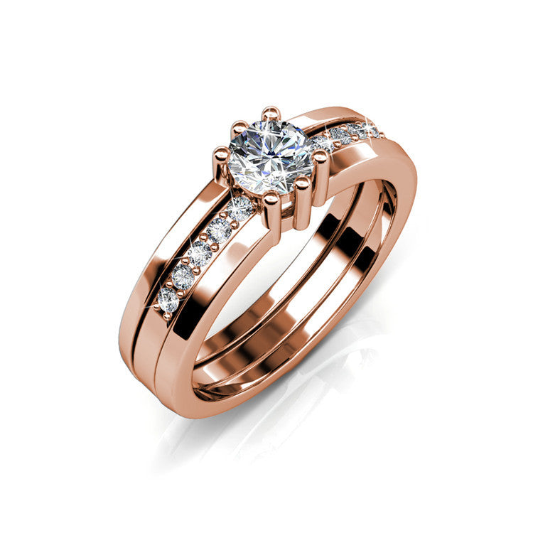Bride Matching Wedding Set 18K Silver Plated Split Shank Six Prong Solitaire Ring Set/ DR0176